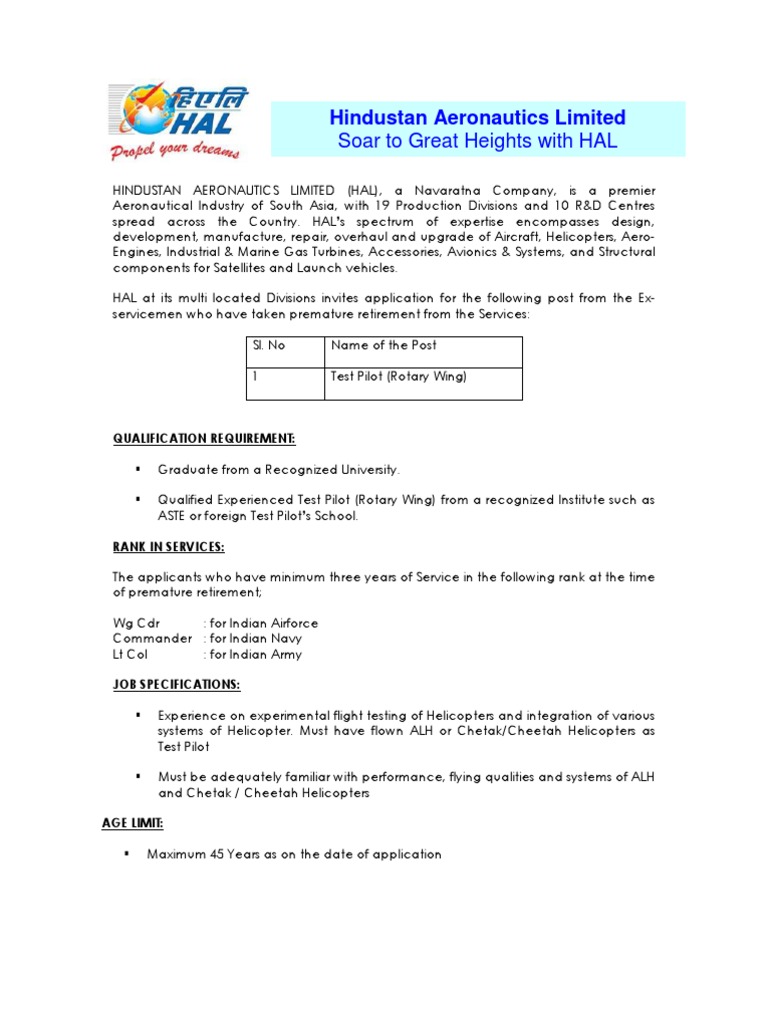 HAL Test Pilot Recruitment for Ex-Servicemen | PDF