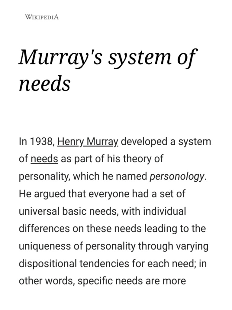 Murray's System of Needs Wikipedia PDF PDF Cognition Cognitive