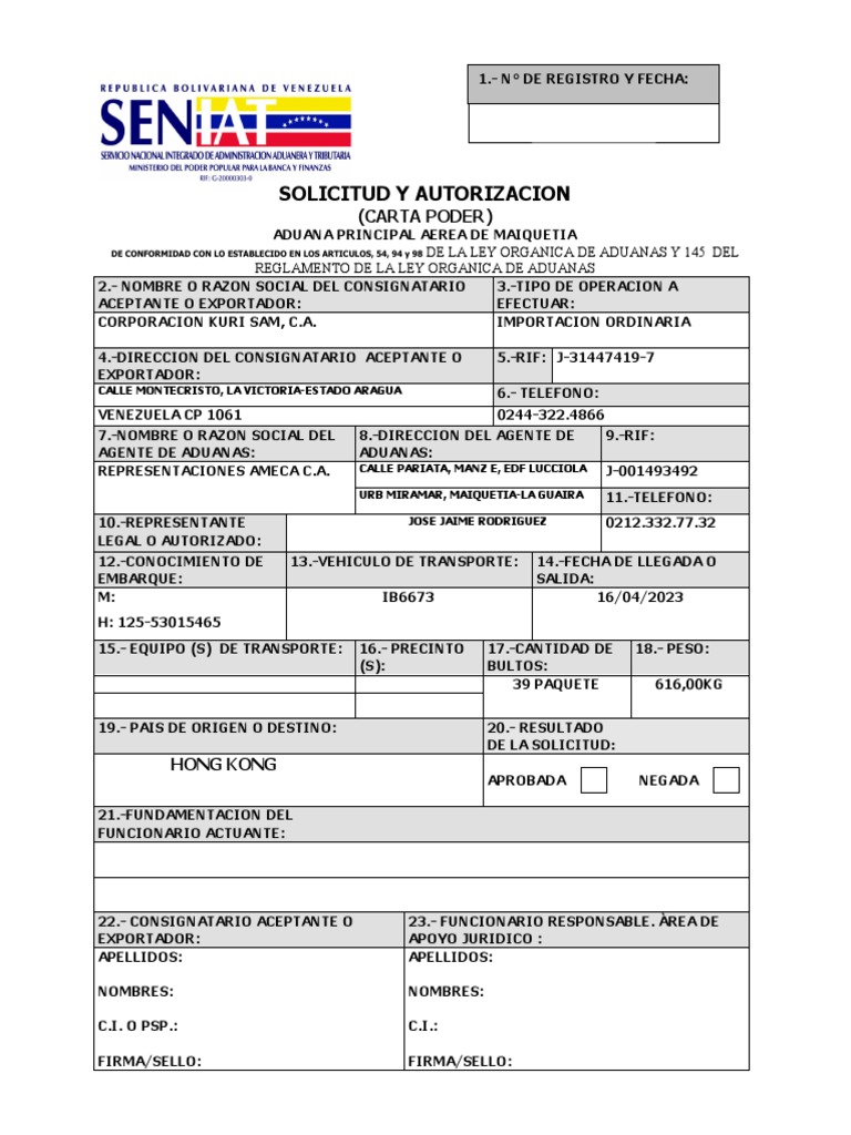 Solicitud de autorización de carta poder para importación ordinaria ...