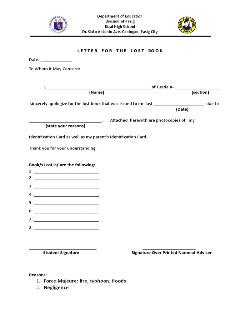 Apology Letter for Lost Book | PDF
