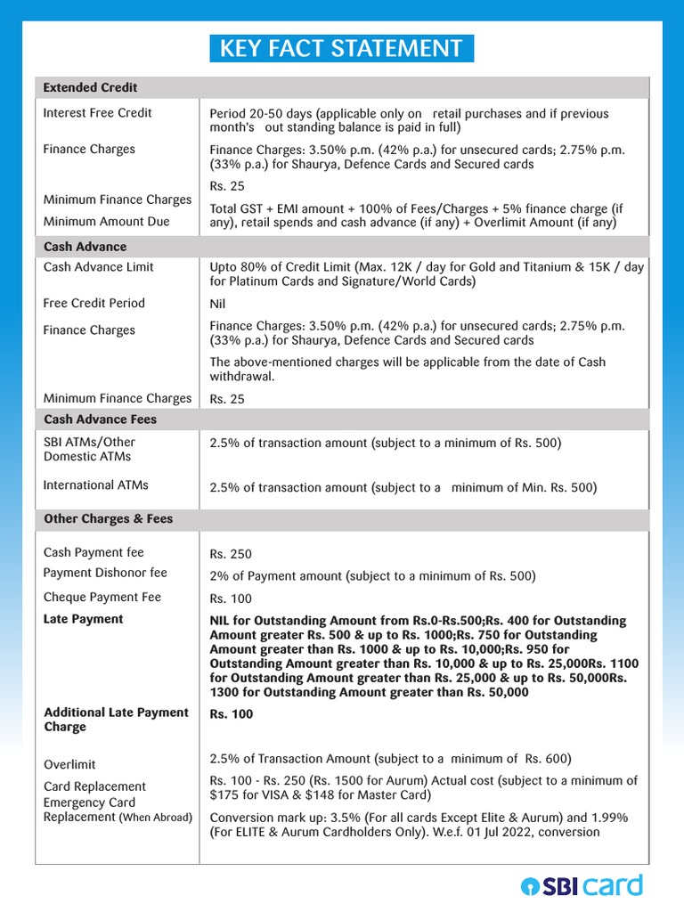 Key Fact Statement PDF Credit Card Fee