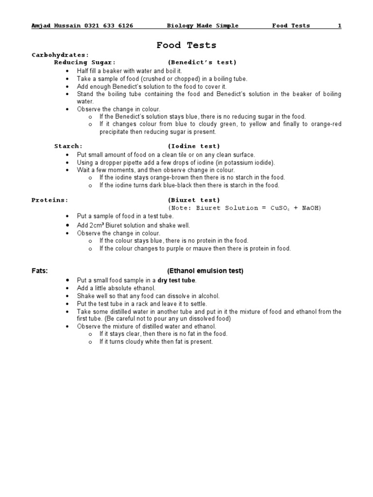 Essential Food Tests in Biology | PDF