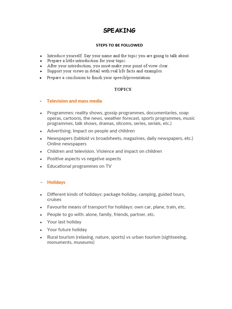 Speaking Test 2bach Pdf Newspapers Tourism