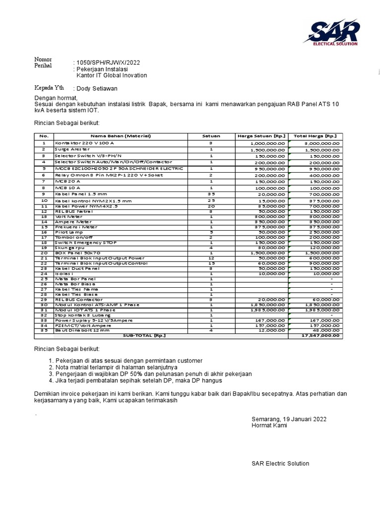RAB Instalasi Panel Listrik ATS 10 kVA | PDF | Griya & Taman ...