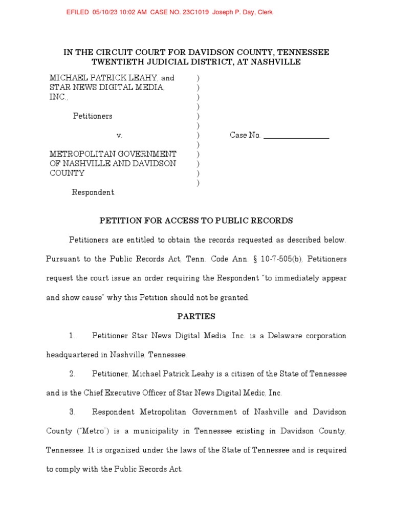 Nashville Public Records Petition | PDF | Lawsuit | Criminal Procedure ...
