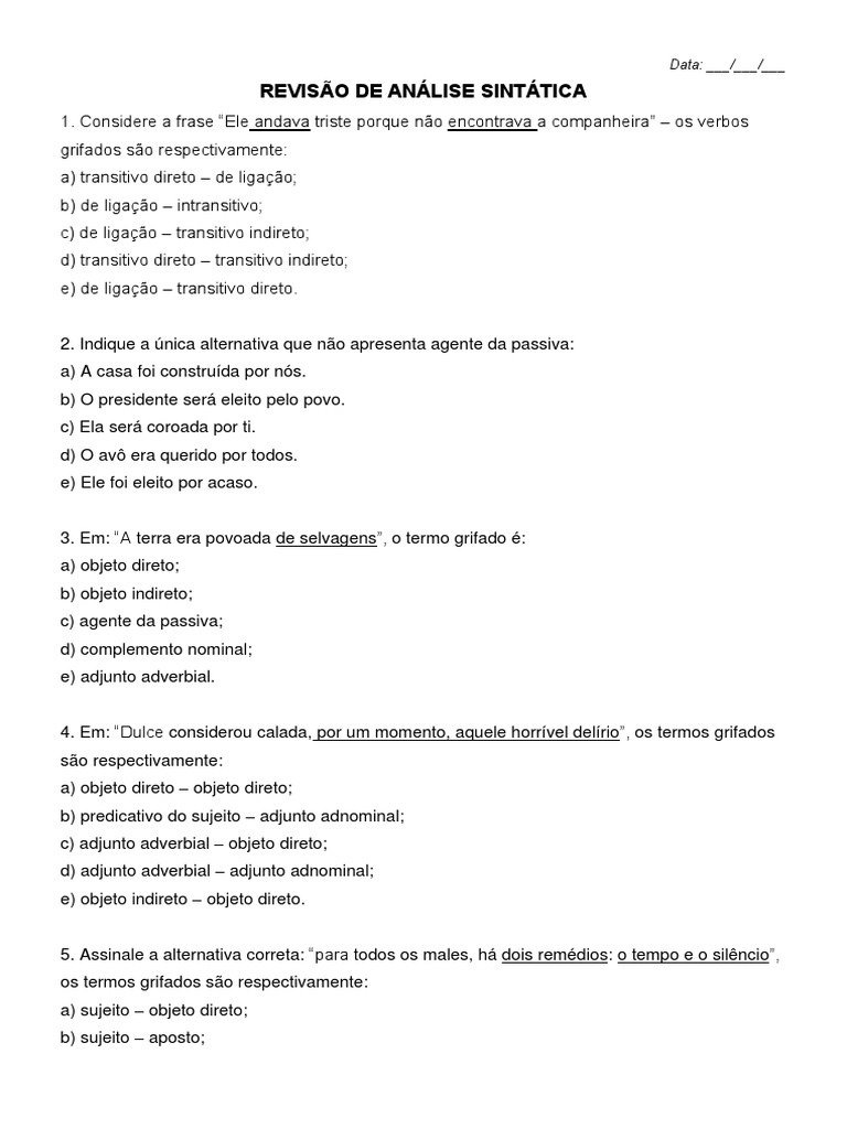 Revisão de Sintaxe | PDF | Predicado (gramática) | Assunto (gramática)