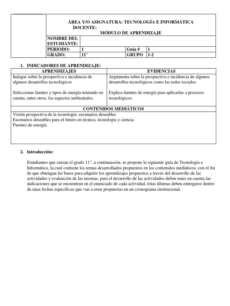 Guia de Aprendizaje de Tecnología Grado Once | PDF | Energía renovable ...