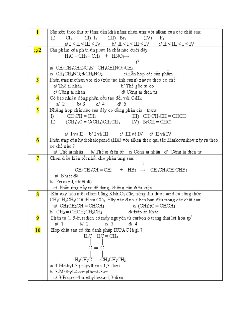Câu hỏi Trắc nghiệm chương Hydro carbon mạch hở | PDF