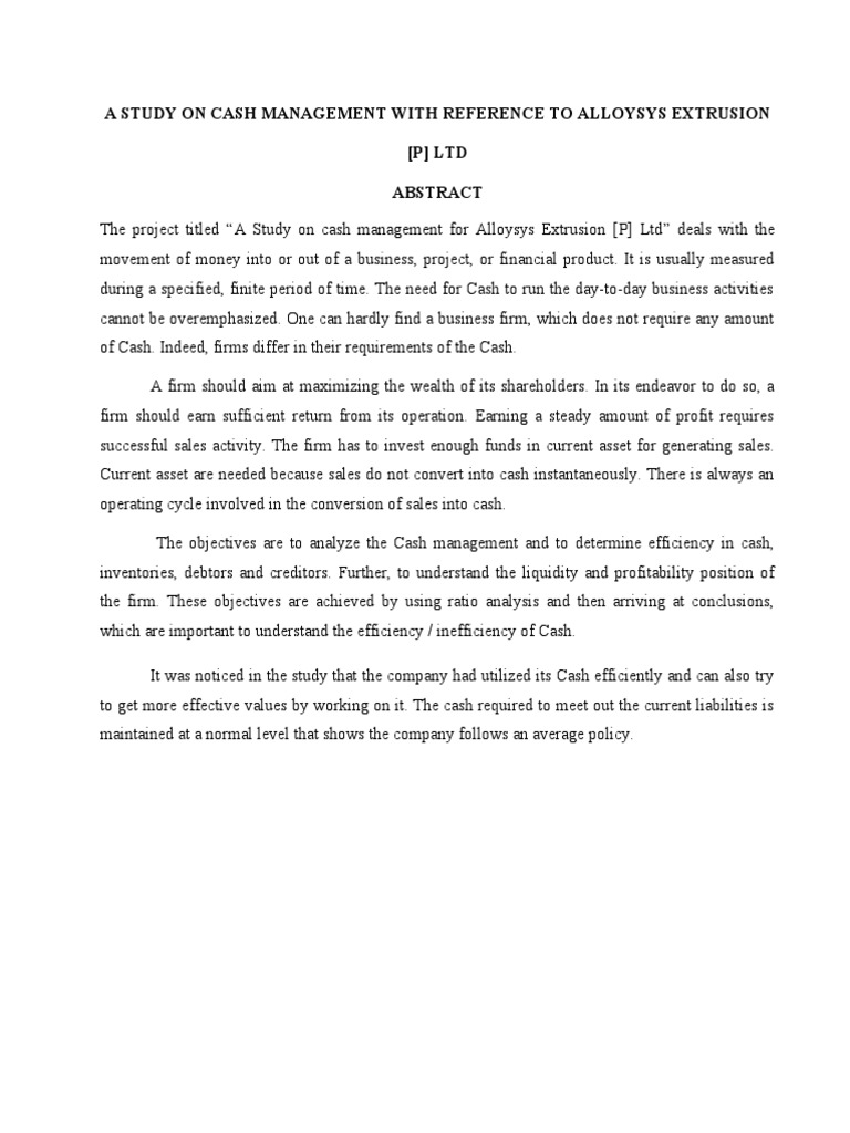 A Study On Cash Management With Reference To Alloysys Extrusion (P) LTD (20182022) PDF Cash