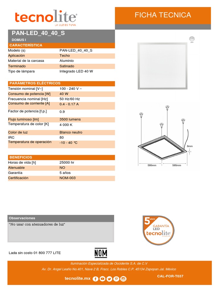 Ficha técnica de la luminaria LED PANLED_40_40_S para techos PDF