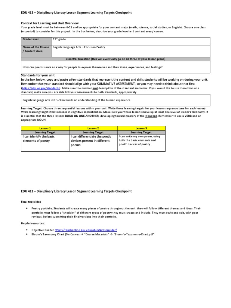 DL Lesson Segment Checkpoint Learning Targets PDF Learning Poetry