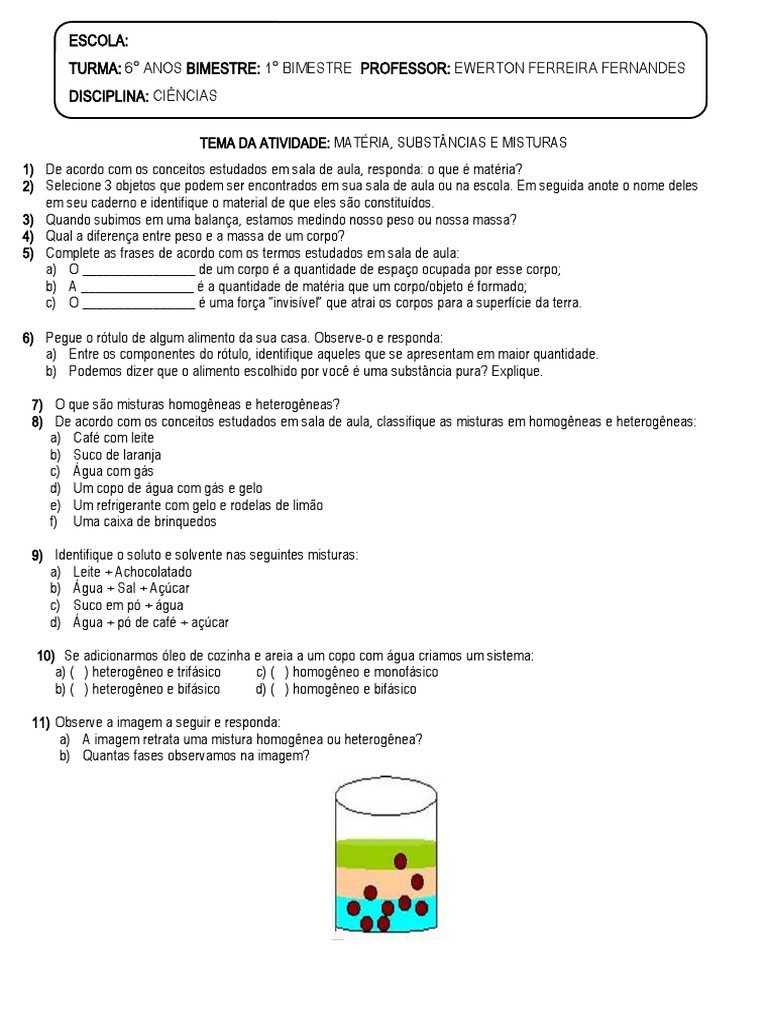 ATIVIDADE SOBRE MISTURAS E SUBSTÂNCIAS (6° ANO) | PDF