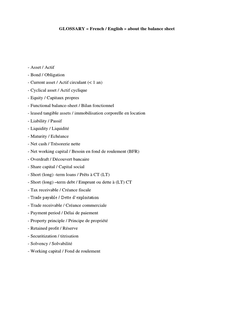 Glossary - The Balance Sheet - English French PDF | PDF