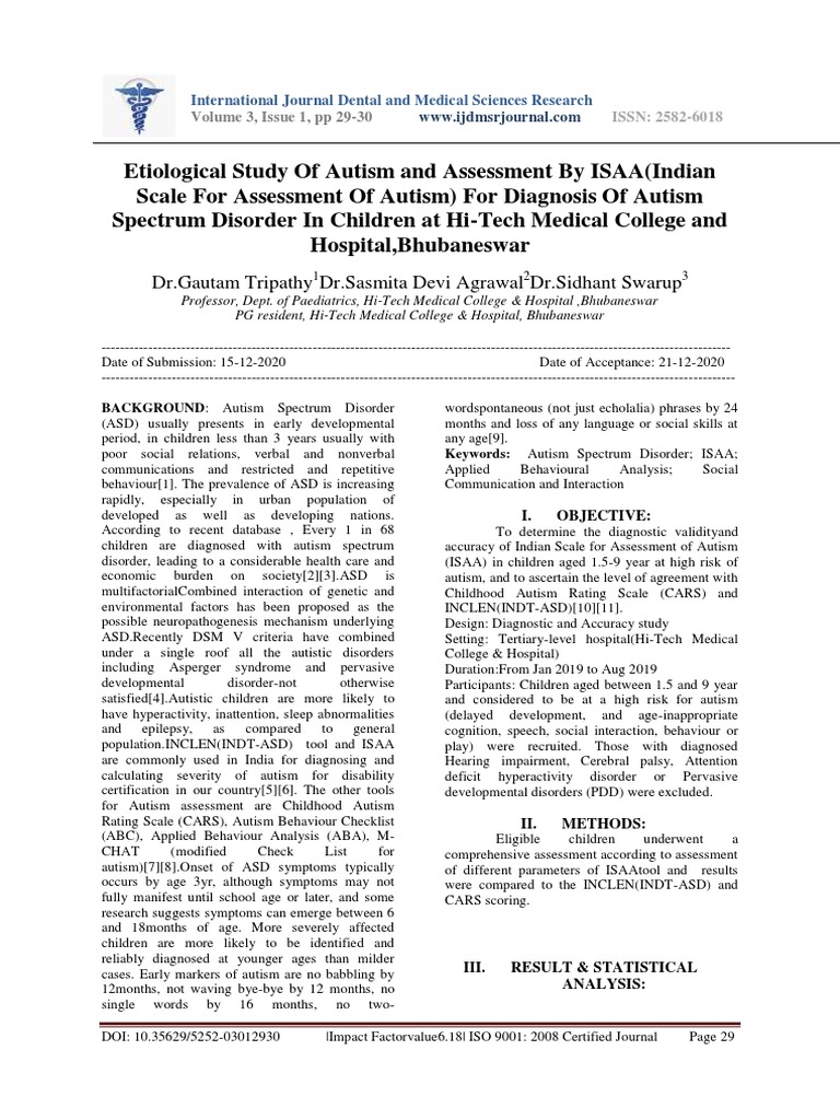 Etiological Study of Autism and Assessment by ISAA (Indian Scale For ...