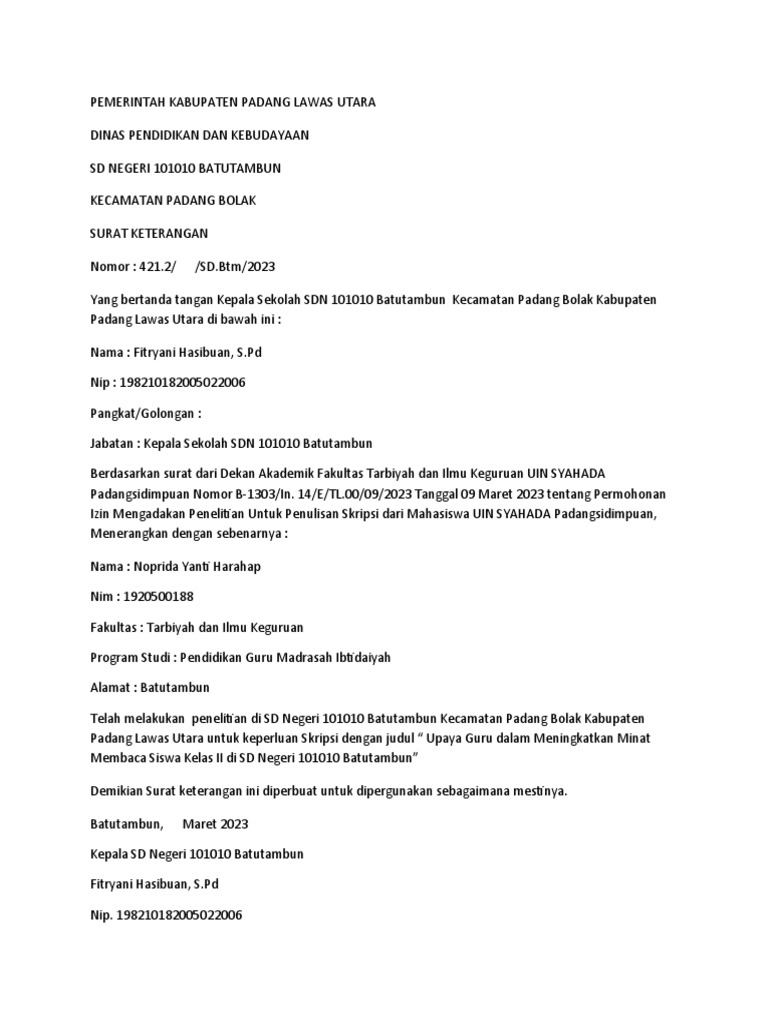 Surat Balasan Penelitian SD N 101010 Batam | PDF