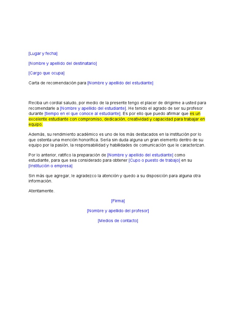 Carta de Recomendación Estudiantil | PDF | Relaciones personales, crianza y  desarrollo personal | Salud y bienestar, image size:768x1024
