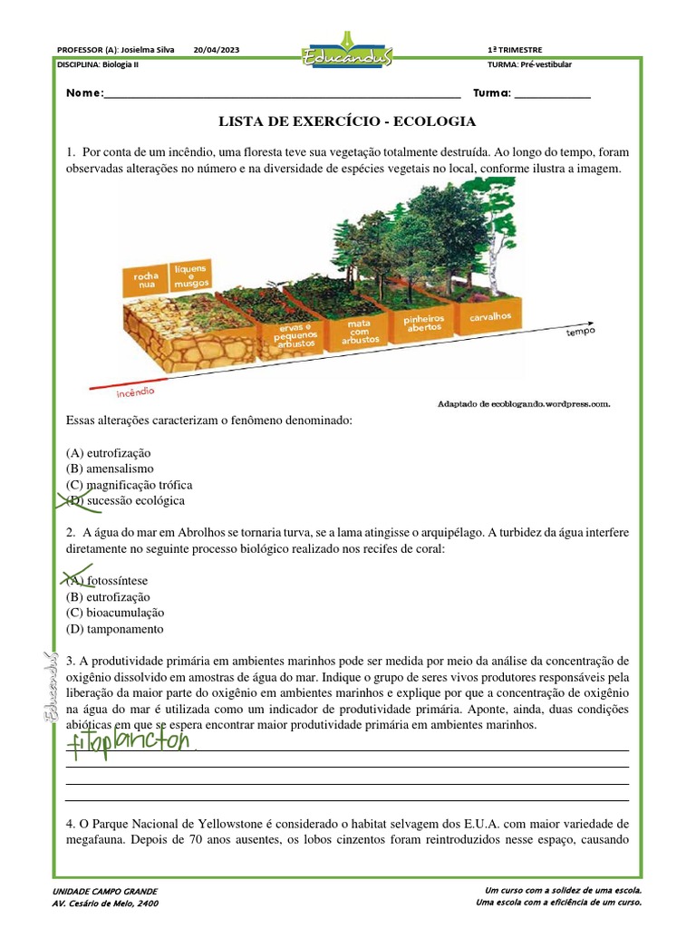 20-04 - Lista de Questões - Ecologia PDF | PDF | Ecologia | Biologia