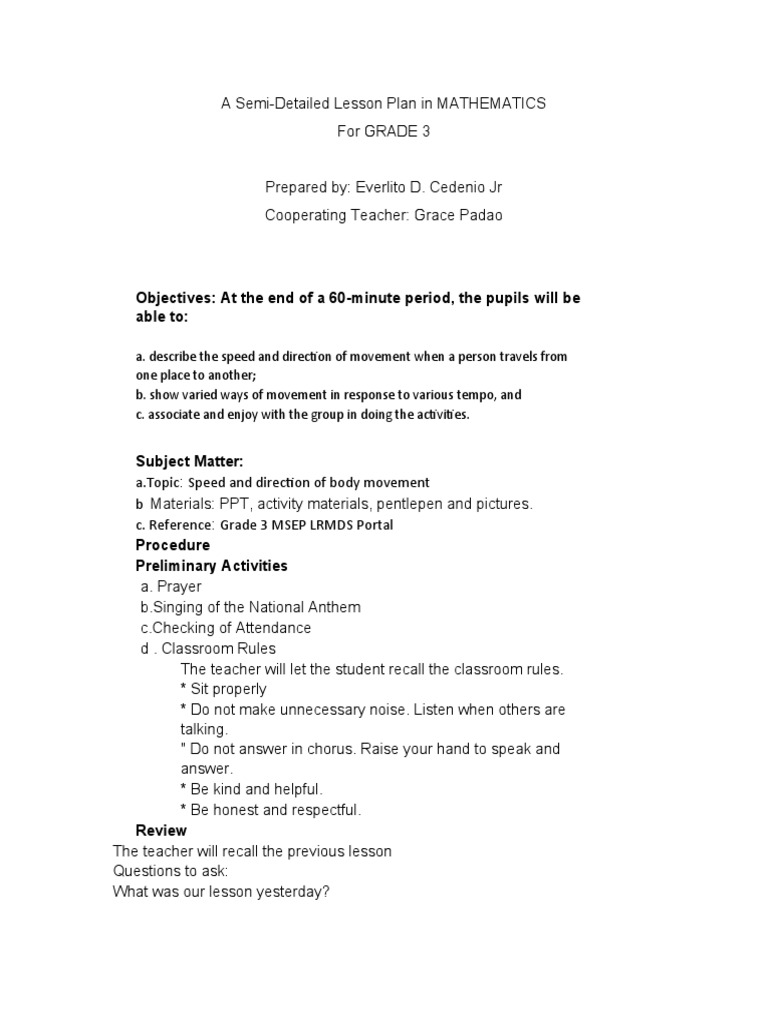 Grade 3 Body Movement Lesson Plan | PDF | Teachers | Lesson Plan