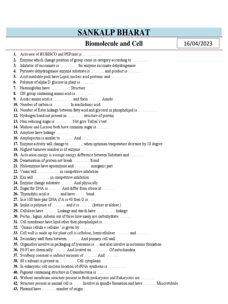 Biomolecule and Cell Worsheet PDF Cell (Biology) Enzyme