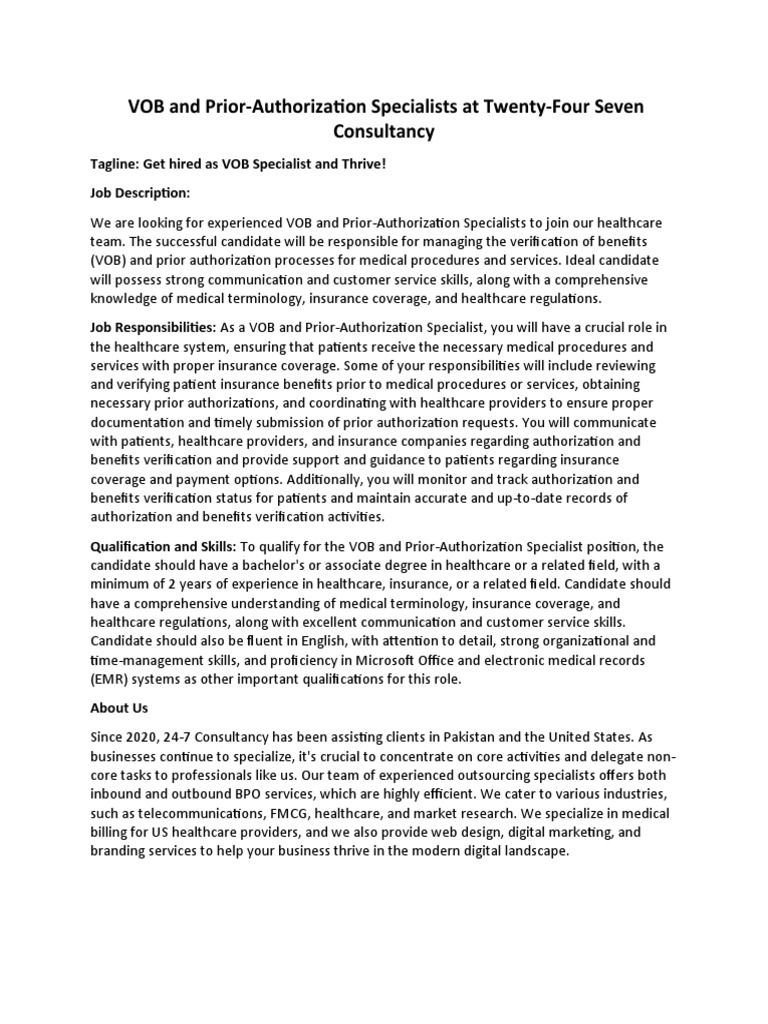 VOB and Prior-Authorization Specialists | PDF | Outsourcing ...