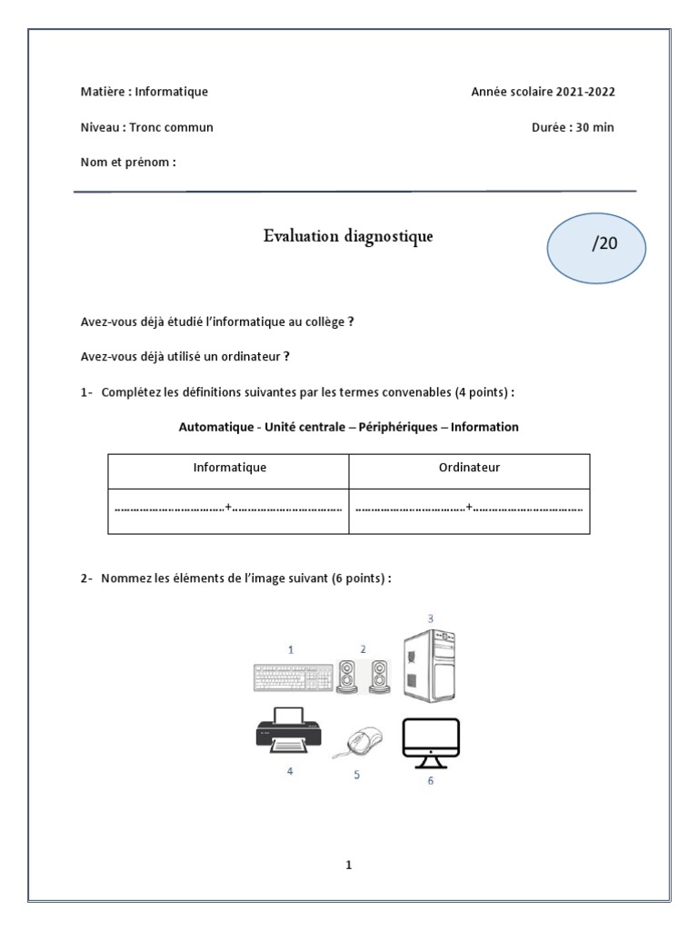 Évaluation Diagnostique Informatique Collège | PDF
