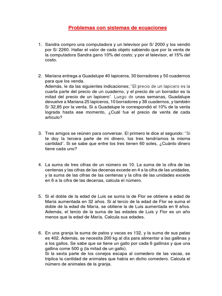 Problemas Con Sistemas de Ecuaciones | PDF