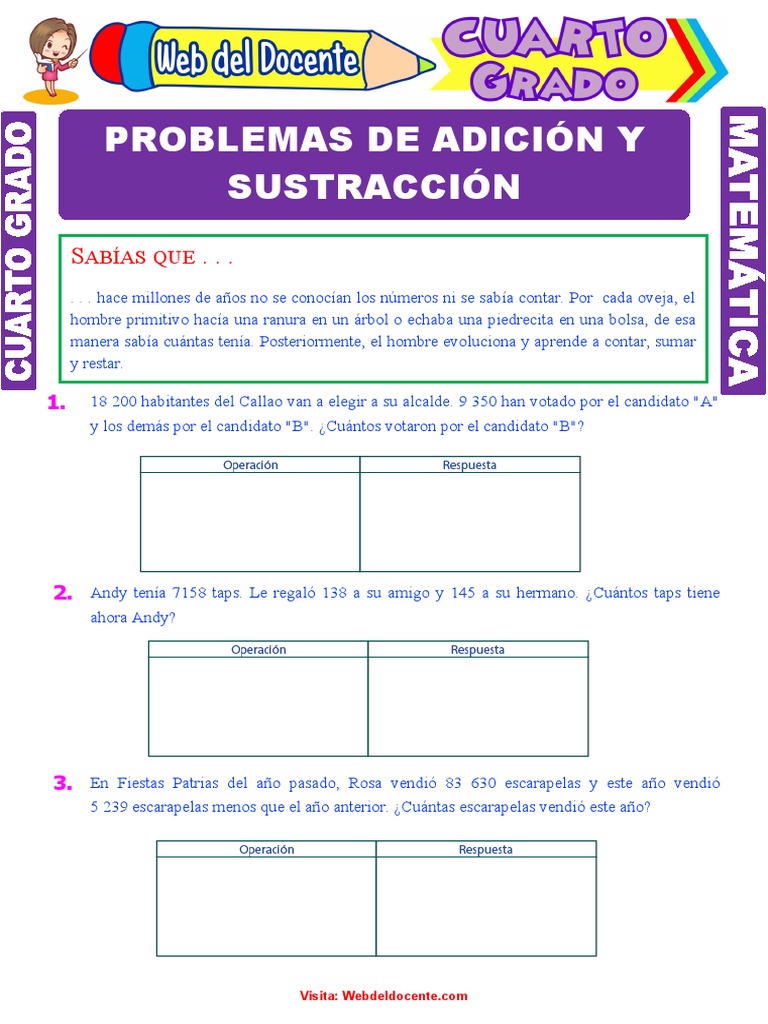 Problemas de Adición y Sustracción para Cuarto Grado de Primaria | PDF