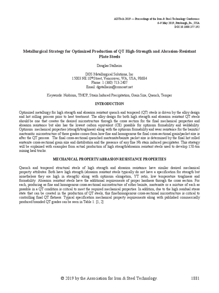 Metallurgical Strategy for Optimized Production of QT HighStrength and
