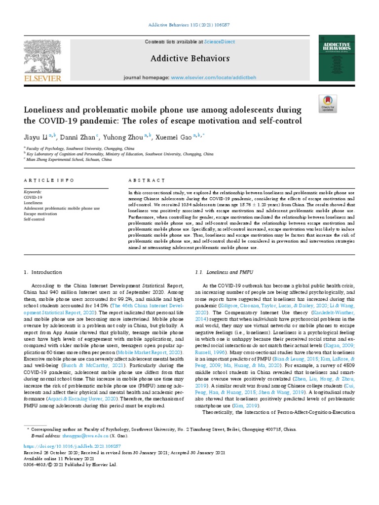 Loneliness and Problematic Mobile Phone Use Among Adolescents During ...