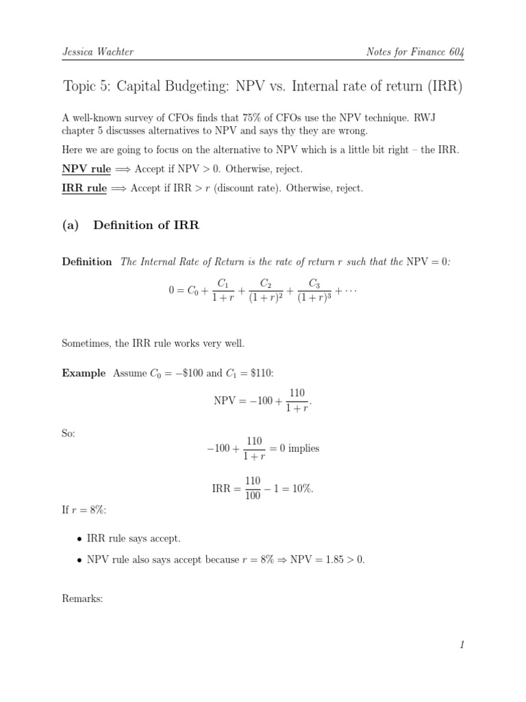 5 NPV vs. Internal Rate of Return (IRR) PDF Internal Rate Of