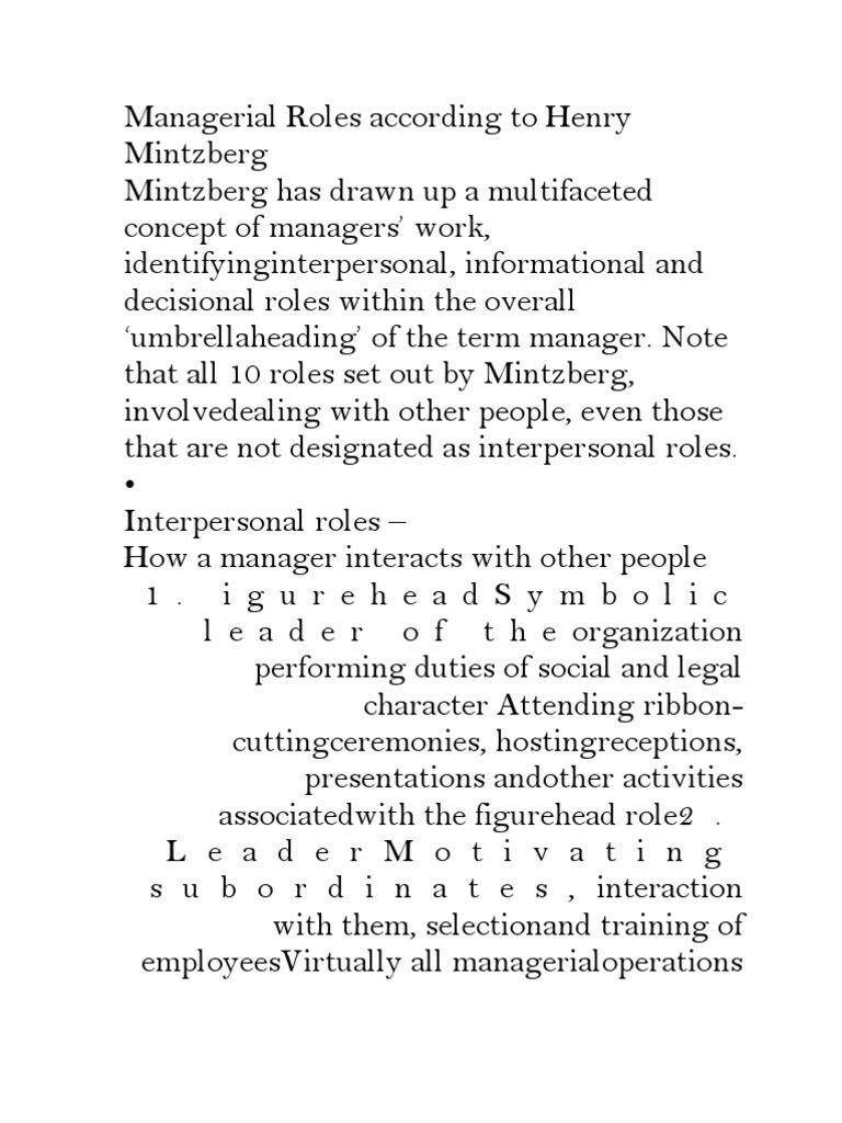 Managerial Roles According To Henry Mintzberg | Download Free PDF