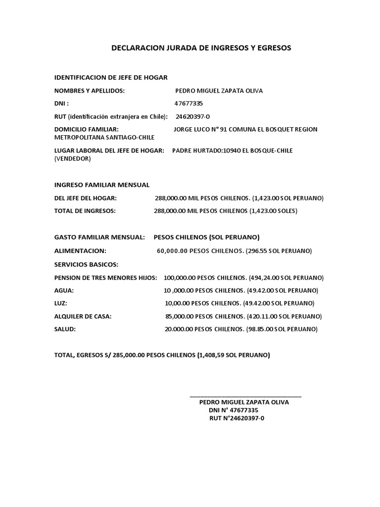 Declaración Jurada de Ingresos y Egresos | PDF