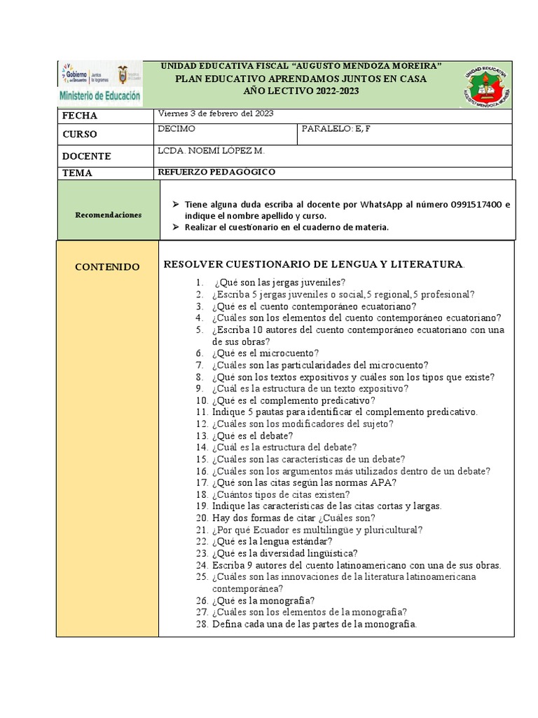 Cuestionario de Lengua y Literatura 10° | PDF | Artes del Lenguaje y ...