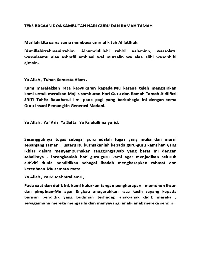 Teks Bacaan Doa Sambutan Hari Guru Dan Ramah Tamah PDF