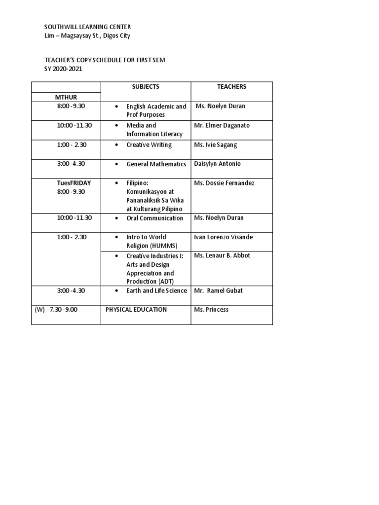 Southwill Learning Center Class Schedule | PDF | Learning | Project ...