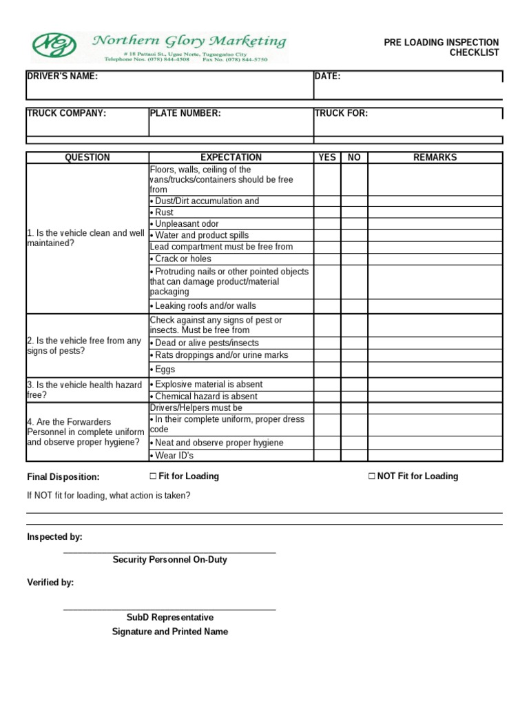Loading and Unloading Checklist May 2021 | PDF | Personal Protective ...