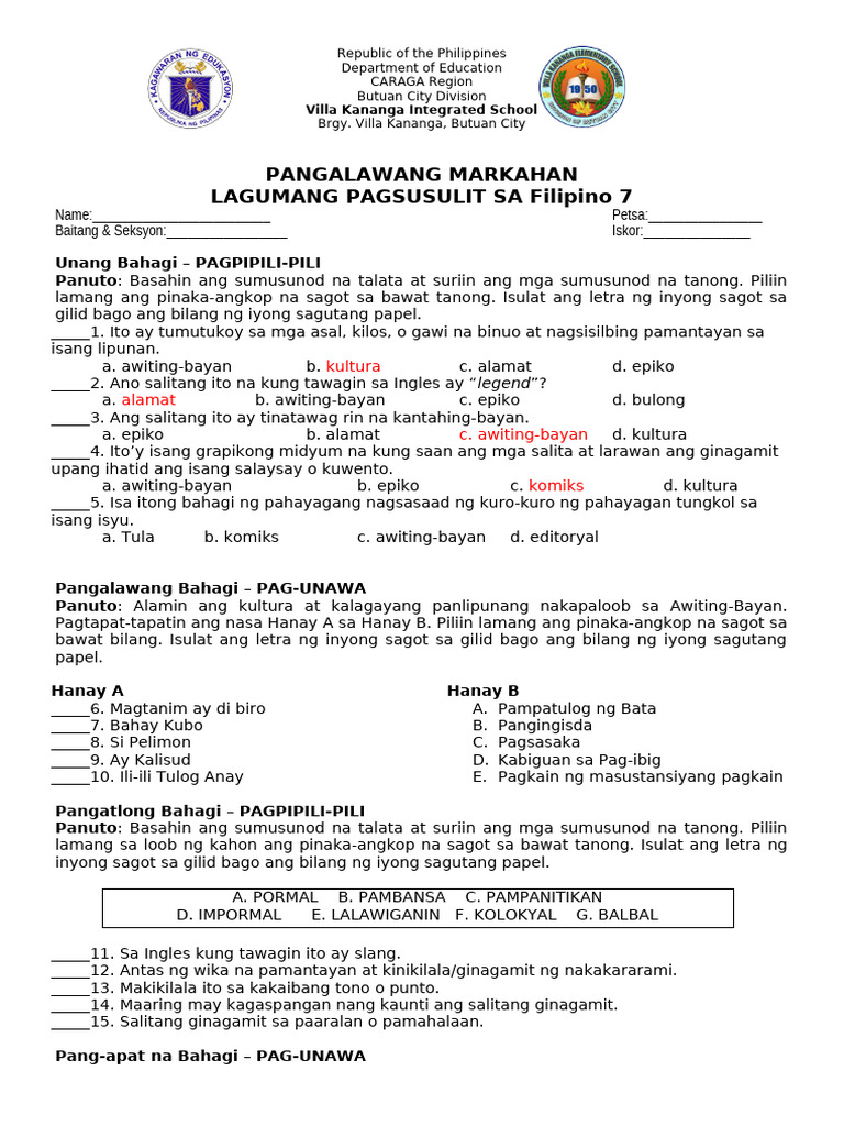 FILIPINO 7 Exam 2nd | PDF