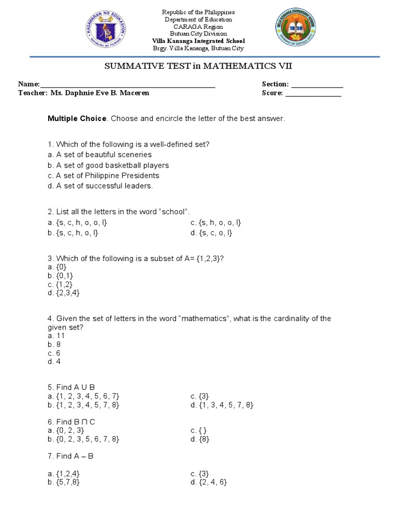 Grade 7 Math Summative Test Q1 | PDF | Multiplication | Mathematical ...
