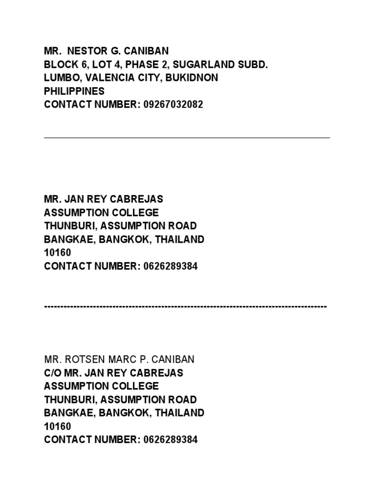 Contact Information for Caniban and Cabrejas | PDF