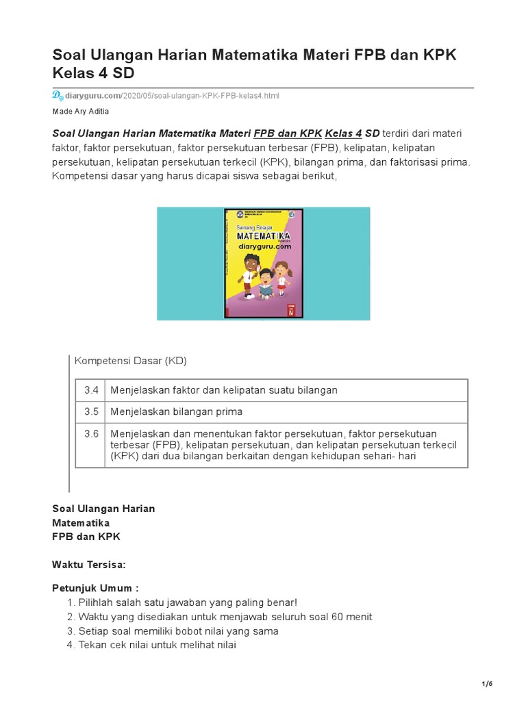 Soal FPB dan KPK Kelas 4 SD | PDF | Metode & Bahan Ajar