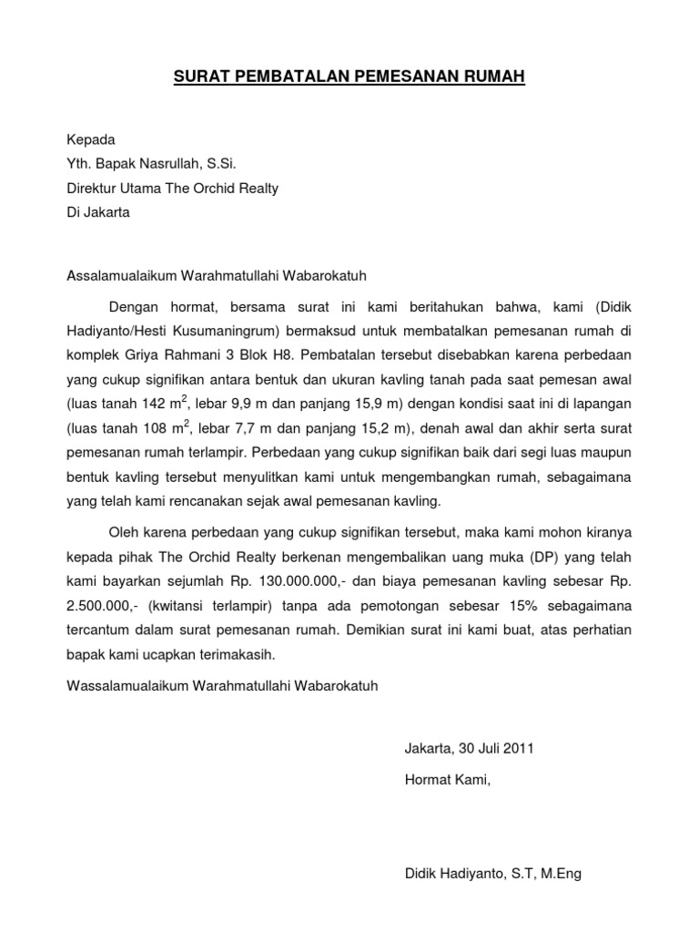 Surat Pembatalan Pemesanan Rumah