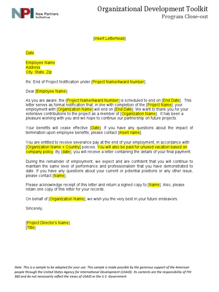 Project End Employment Notification Letter | PDF