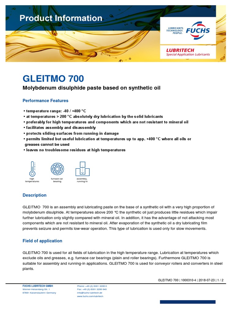 GLEITMO 700 High-Temperature Lubricant | PDF | Lubricant | Bearing ...
