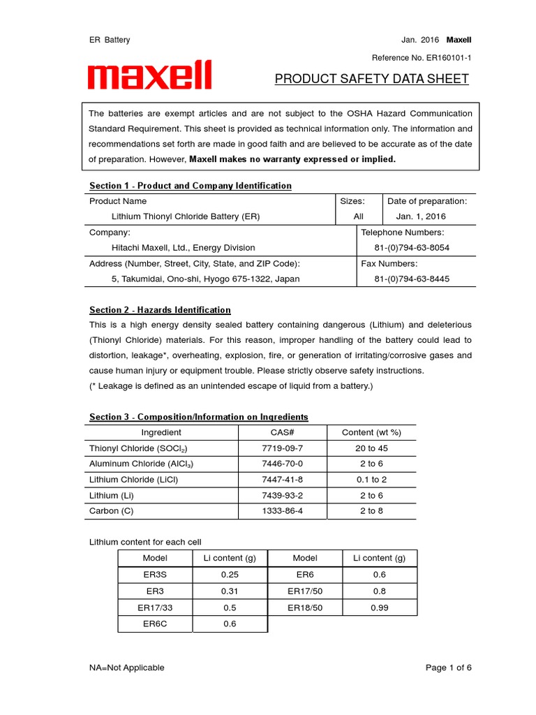 Er17-50 (SDS) | PDF | Dangerous Goods | Leak