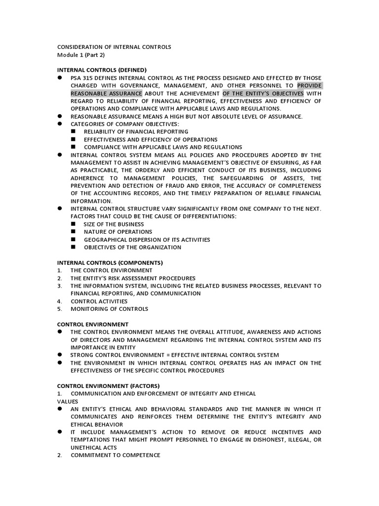 Consideration of Internal Controls Module 1 Part 2 PDF Internal