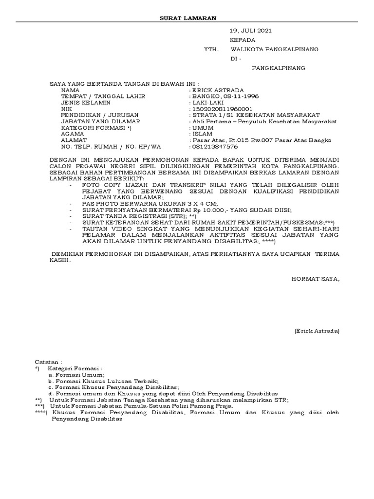 Contoh Surat Lamaran CPNS | PDF
