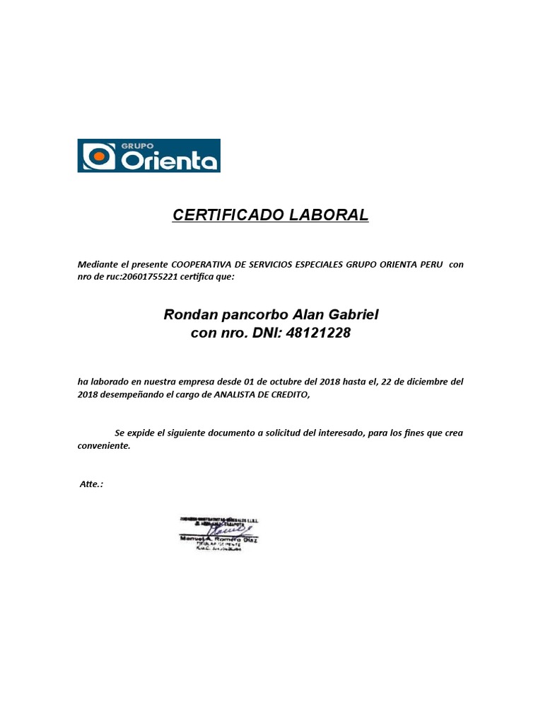Certificado Laboral de Rondan Pancorbo | PDF