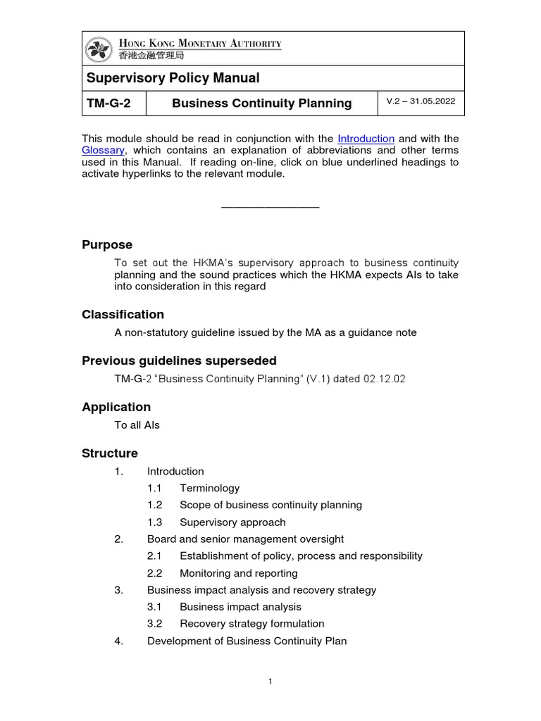 Supervisory Policy Manual: TM-G-2 Business Continuity Planning | PDF ...