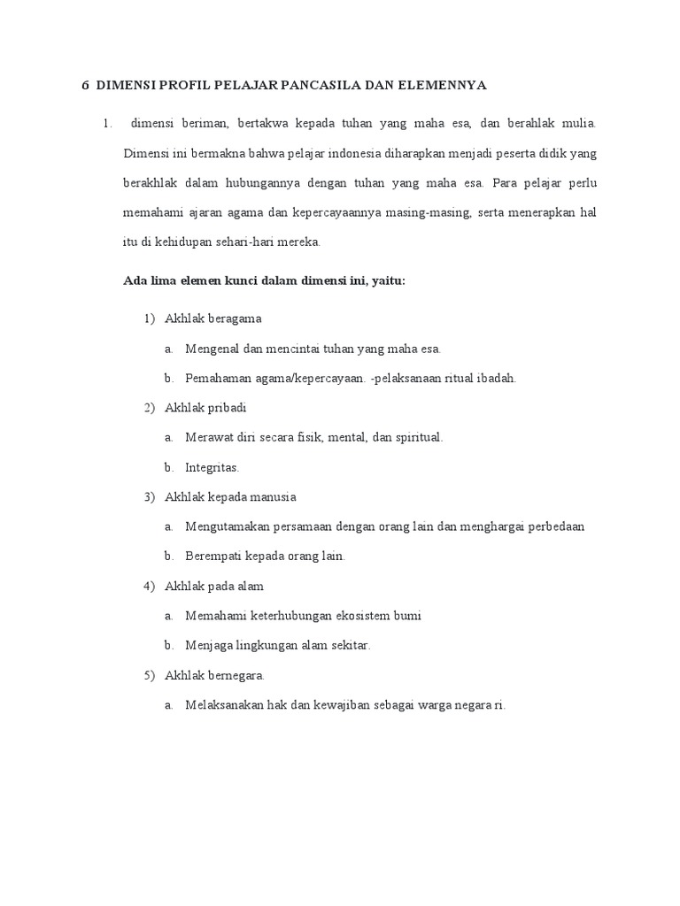6 Dimensi Profil Pelajar Pancasila Dan Elemennya Pdf