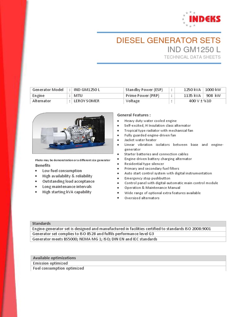 1250 kVA MTU Generator Specifications | PDF | Radiator | Electric Generator
